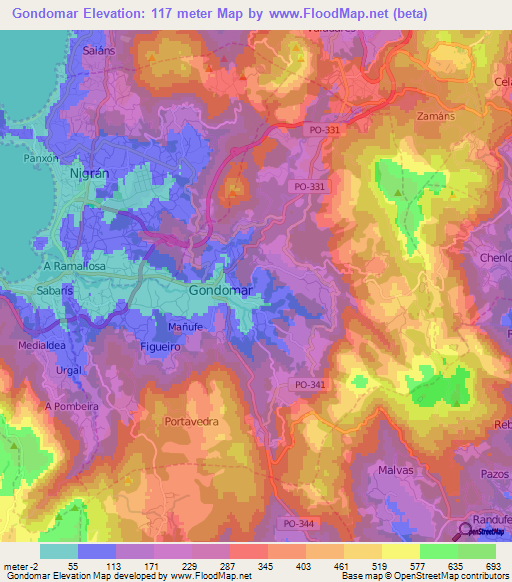 Gondomar,Spain Elevation Map