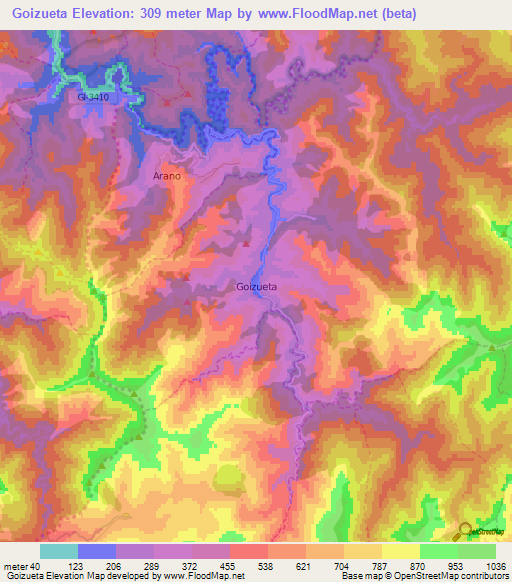 Goizueta,Spain Elevation Map