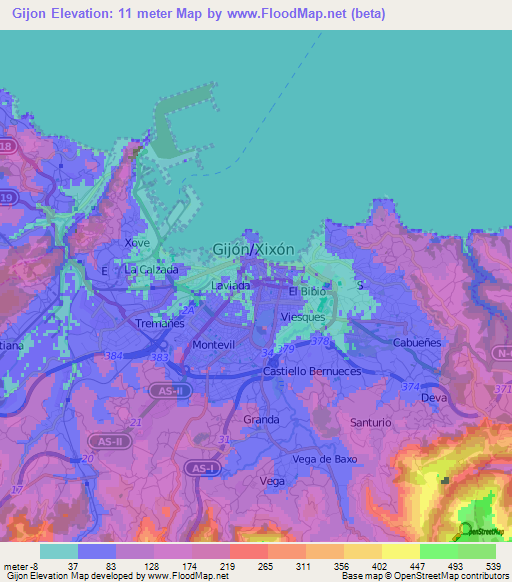 Gijon,Spain Elevation Map