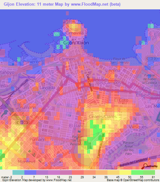 Gijon,Spain Elevation Map