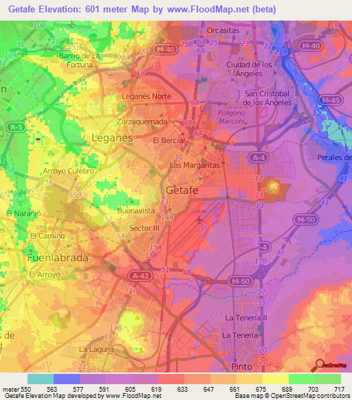 Getafe,Spain Elevation Map