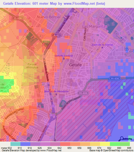 Getafe,Spain Elevation Map