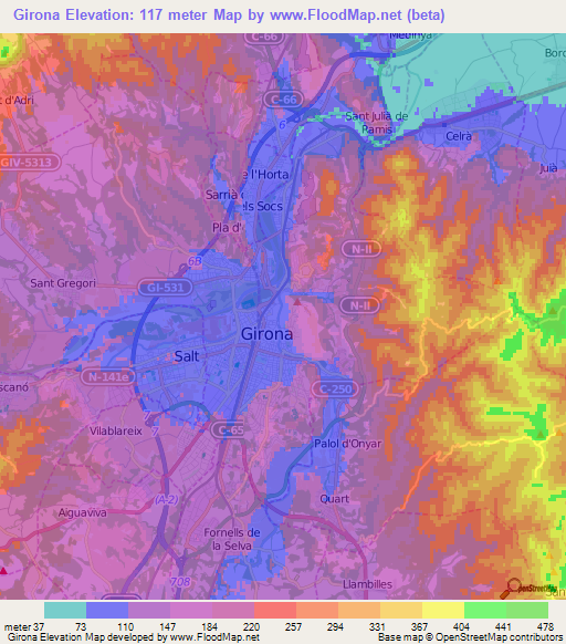 Girona,Spain Elevation Map