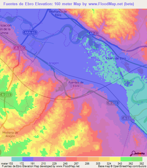 Fuentes de Ebro,Spain Elevation Map