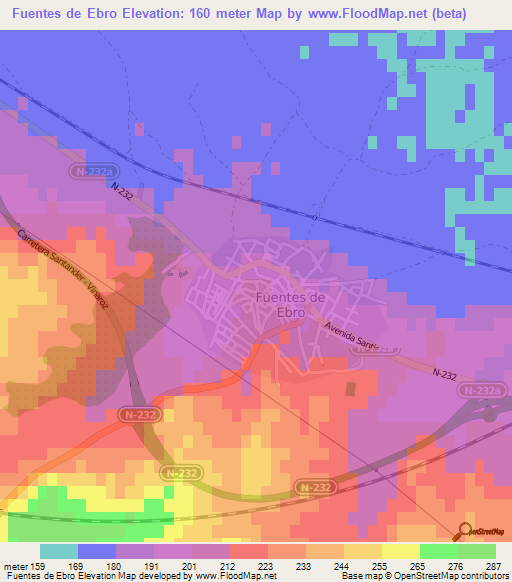 Fuentes de Ebro,Spain Elevation Map