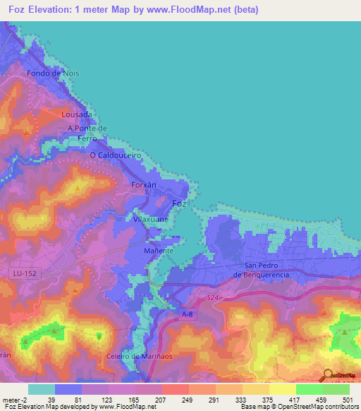 Foz,Spain Elevation Map