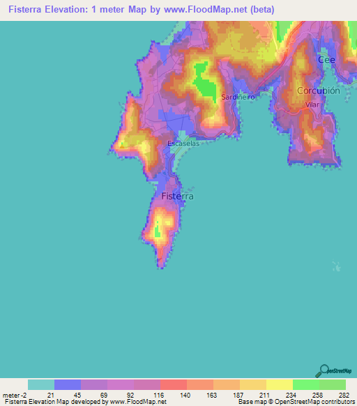 Fisterra,Spain Elevation Map