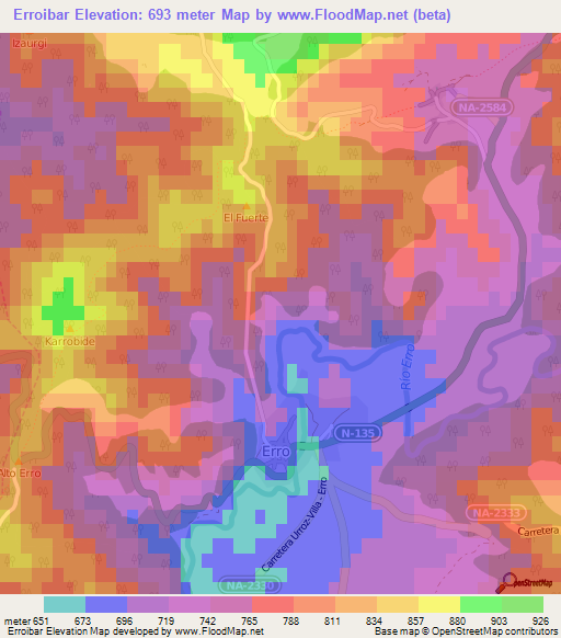 Erroibar,Spain Elevation Map