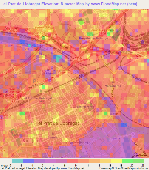 el Prat de Llobregat,Spain Elevation Map