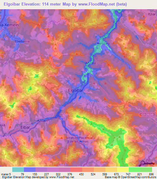 Elgoibar,Spain Elevation Map