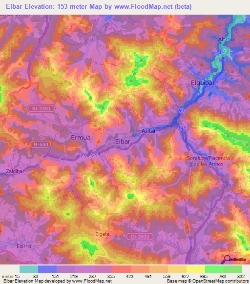 Eibar,Spain Elevation Map