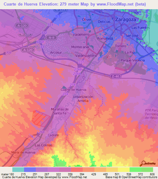 Cuarte de Huerva,Spain Elevation Map