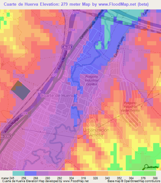 Cuarte de Huerva,Spain Elevation Map