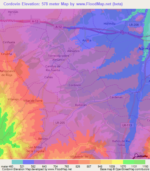 Cordovin,Spain Elevation Map