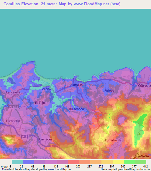 Comillas,Spain Elevation Map