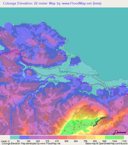 Colunga,Spain Elevation Map