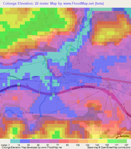 Colunga,Spain Elevation Map