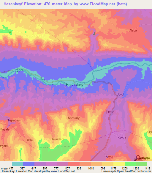 Hasankeyf,Turkey Elevation Map