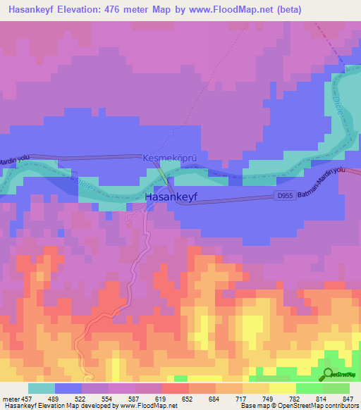 Hasankeyf,Turkey Elevation Map