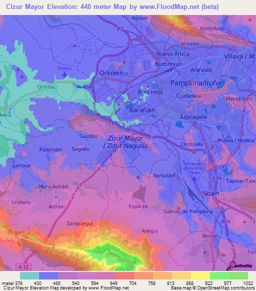 Cizur Mayor,Spain Elevation Map