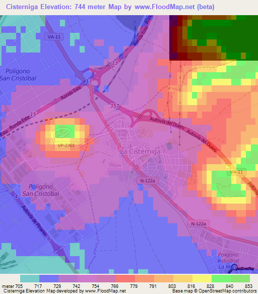 Cisterniga,Spain Elevation Map