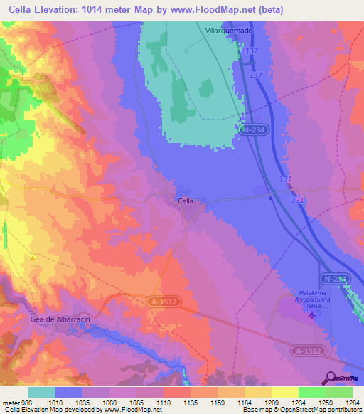 Cella,Spain Elevation Map