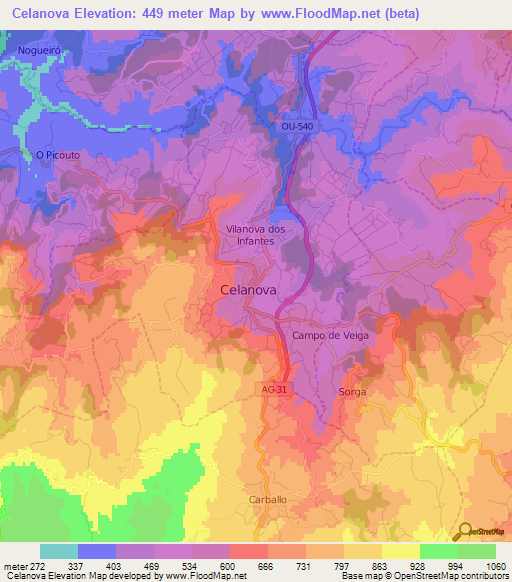 Celanova,Spain Elevation Map