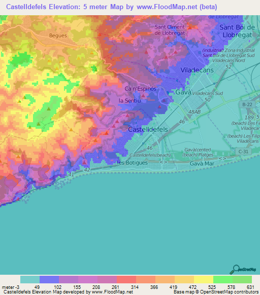 Castelldefels,Spain Elevation Map