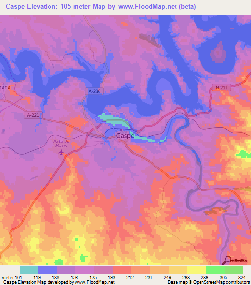 Caspe,Spain Elevation Map