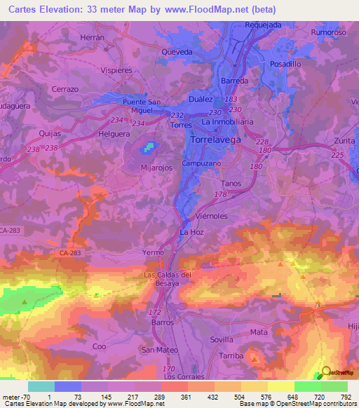 Cartes,Spain Elevation Map