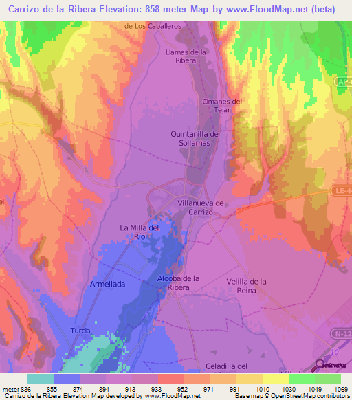 Carrizo de la Ribera,Spain Elevation Map