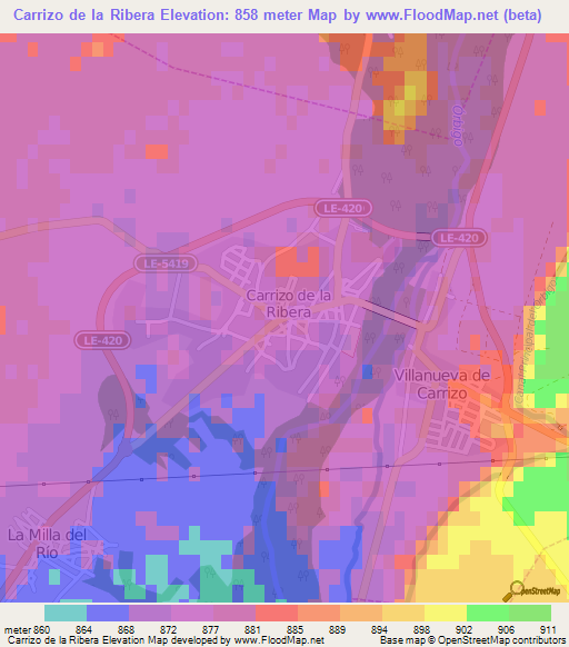 Carrizo de la Ribera,Spain Elevation Map