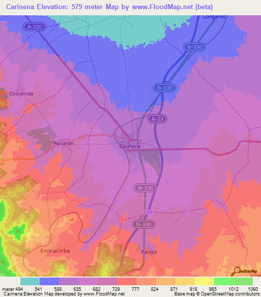 Carinena,Spain Elevation Map