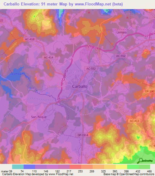 Carballo,Spain Elevation Map