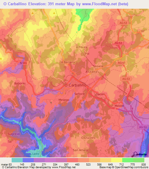 O Carballino,Spain Elevation Map