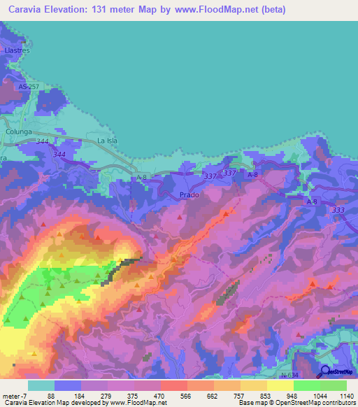 Caravia,Spain Elevation Map