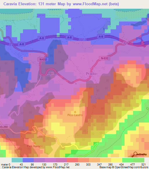 Caravia,Spain Elevation Map