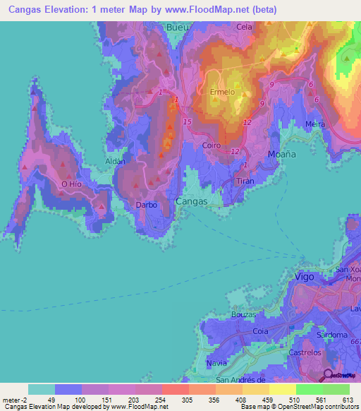 Cangas,Spain Elevation Map