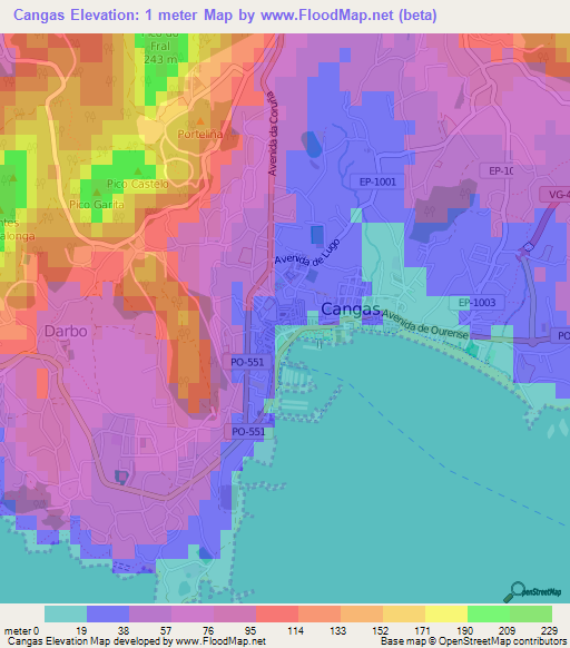 Cangas,Spain Elevation Map