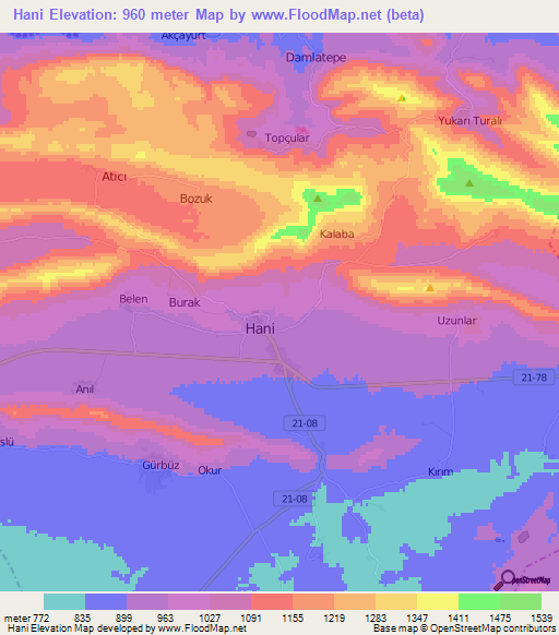 Hani,Turkey Elevation Map