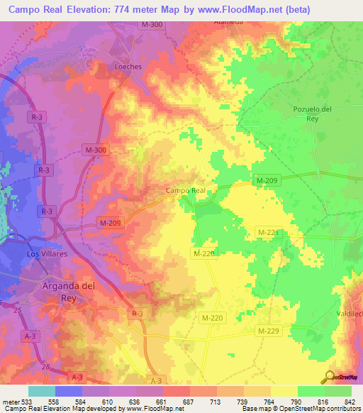 Campo Real,Spain Elevation Map