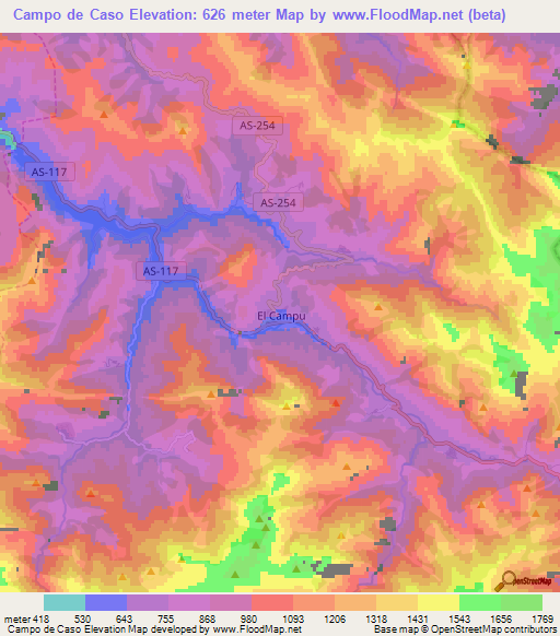 Campo de Caso,Spain Elevation Map