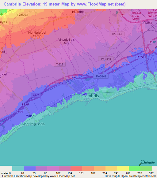 Cambrils,Spain Elevation Map