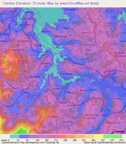 Cambre,Spain Elevation Map