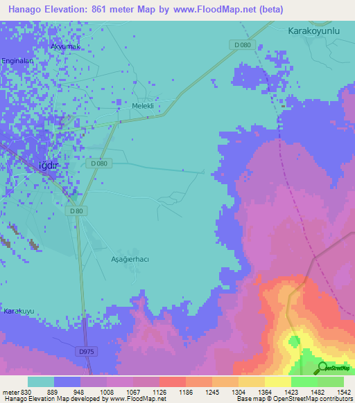 Hanago,Turkey Elevation Map