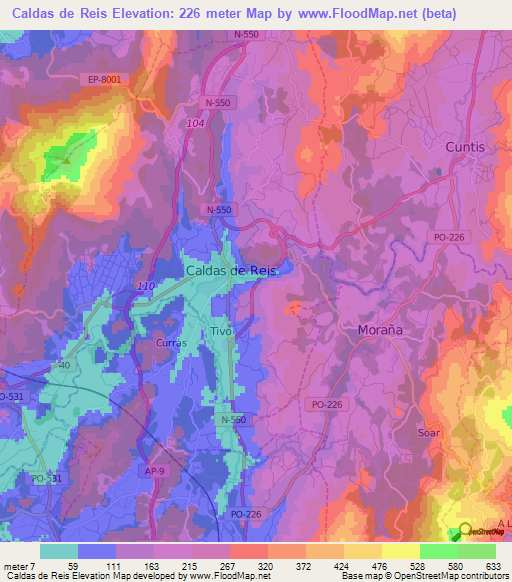 Caldas de Reis,Spain Elevation Map