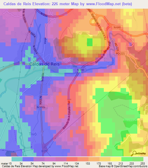 Caldas de Reis,Spain Elevation Map