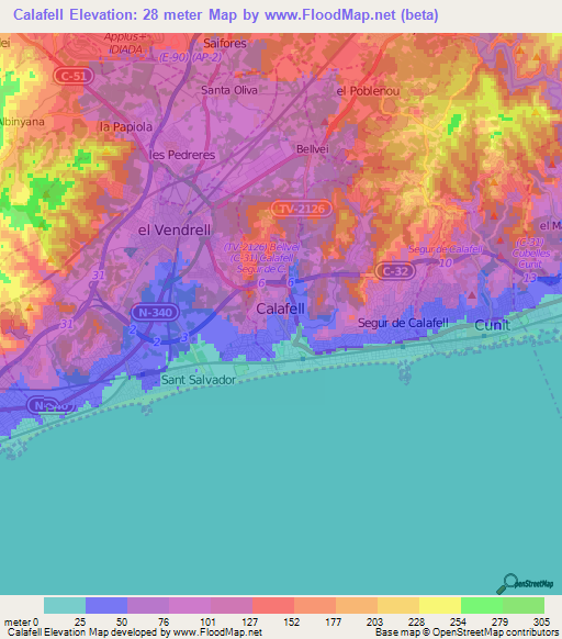 Calafell,Spain Elevation Map