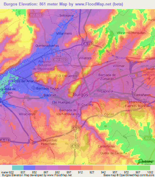 Burgos,Spain Elevation Map