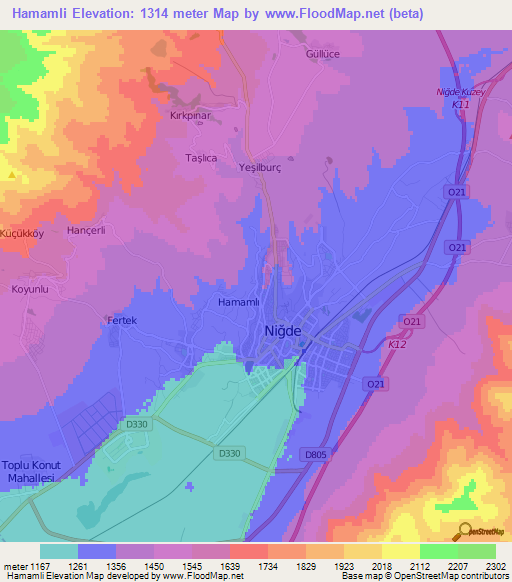 Hamamli,Turkey Elevation Map